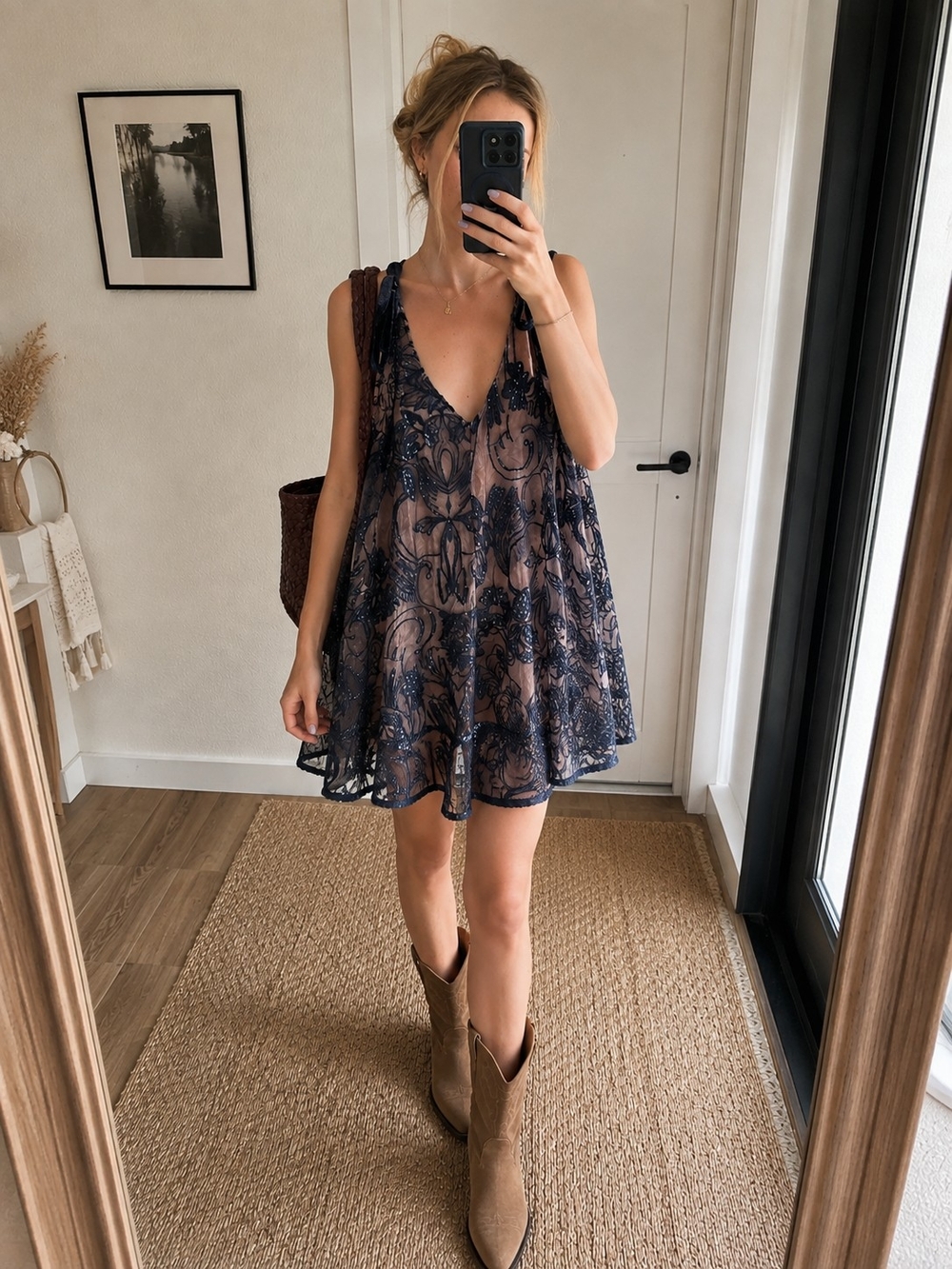 Free People Swingin’ It Sequin Lace Romper Navy Blue Nude Size M NWT